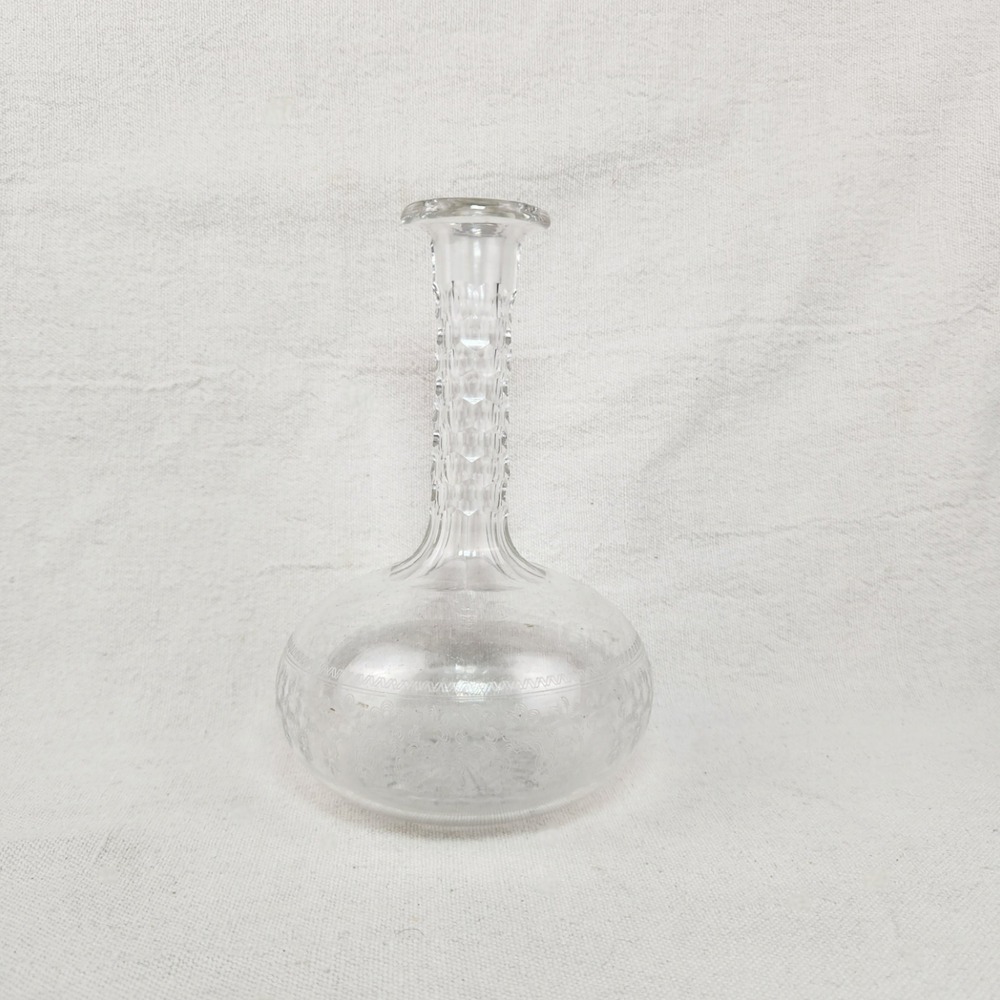 Vintage Etched Clear Glass Decanter Faceted Neck Starburst Base 8 Inch